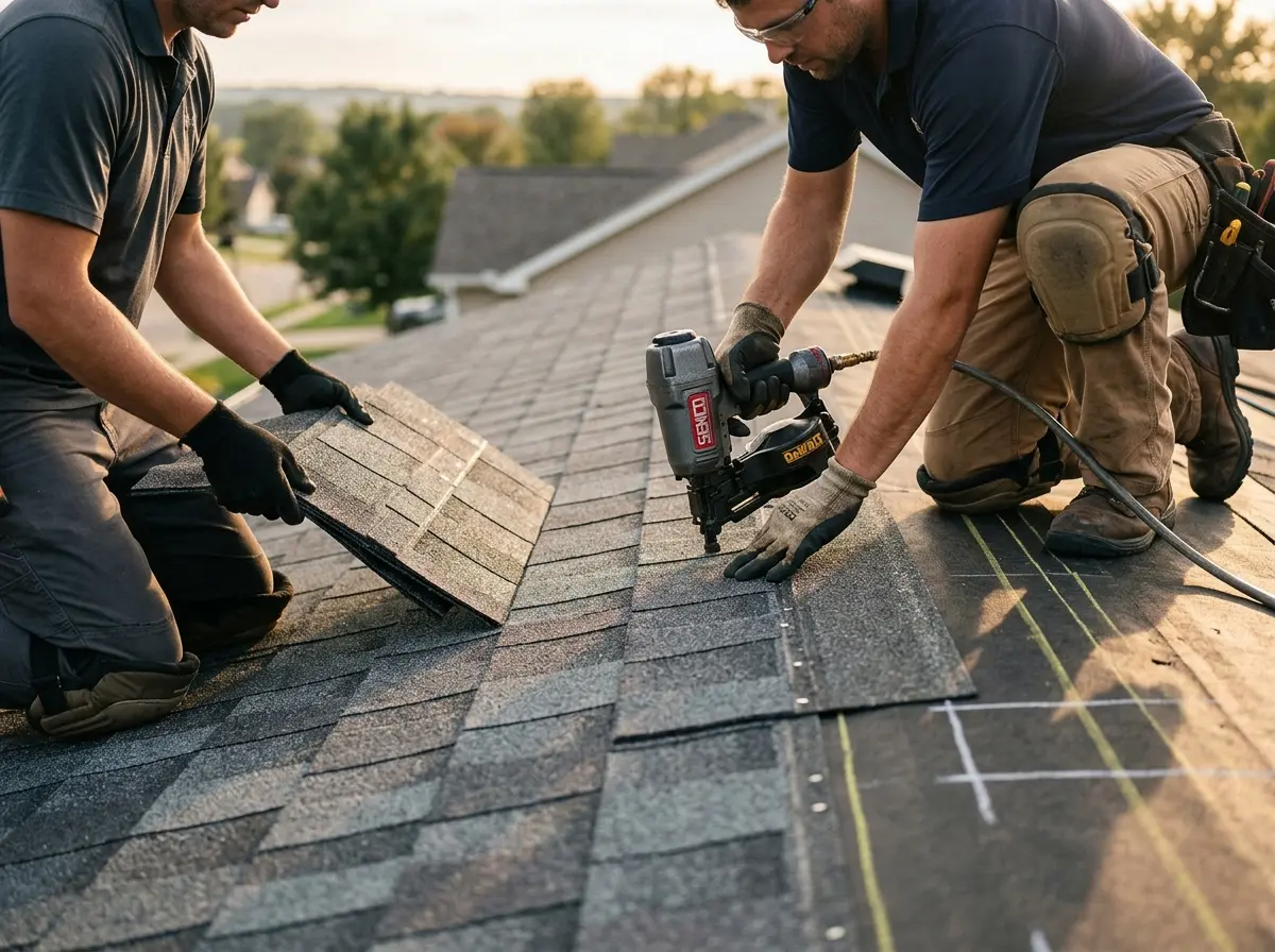 Professional roofer working on a residential roof in Kaukauna